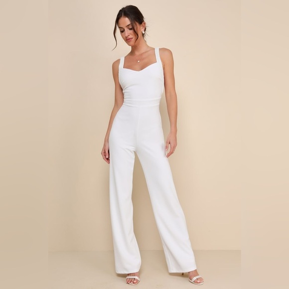 LULU’S Love Aglow White Pearl Beaded Sleeveless Straight Leg Jumpsuit - Picture 3 of 5